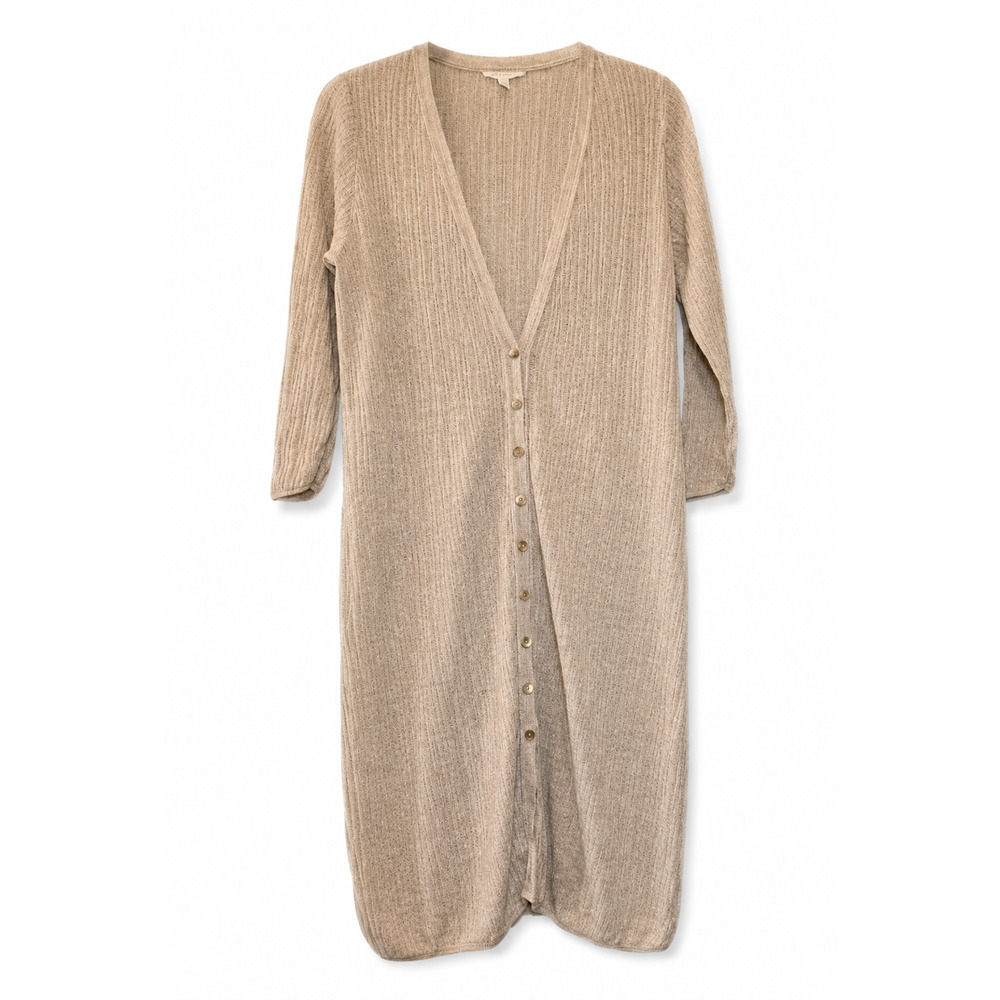 Eileen Fisher Womens M Tan Organic Linen Ribbed Button Front Cardigan Classic